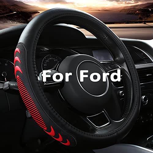 Yangday Leather Steering Wheel Cover for Ford F150 F250 F350, 15.5-16 inches Car Steering Wheel Cover with Anti-Slip Massage Particle (Red) - Image 1