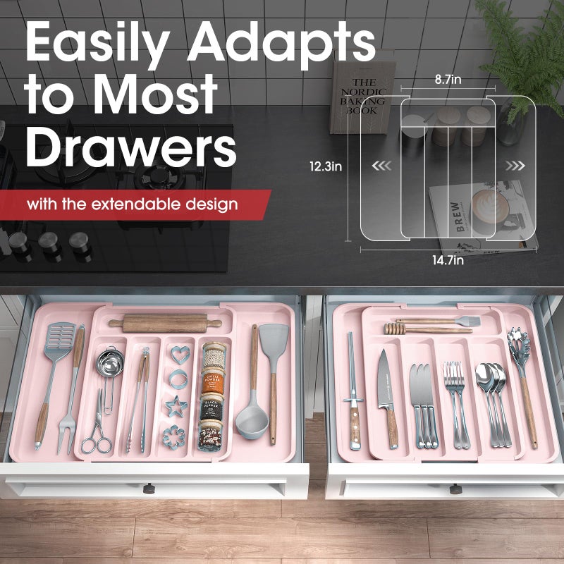 Aujen Silverware Organizer - Expandable Kitchen Drawer Organizer, Adjustable Utensil Organizer, Cutlery Tray for Forks, Knives, Multipurpose Kitchen Organizers and Storage Solution, Pink, Medium - Image 2