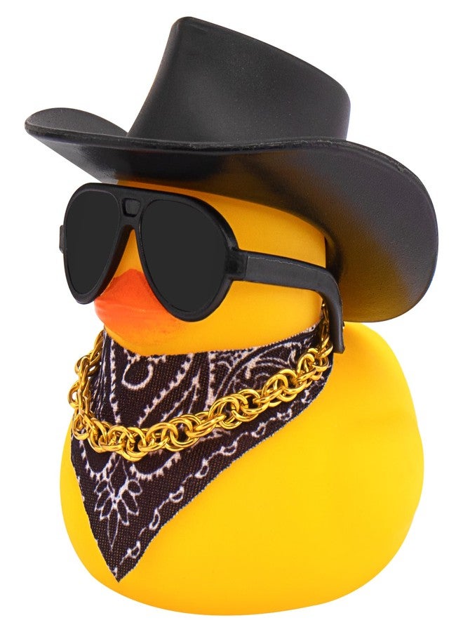 wonuu Car Dashboard West Cowboy Hat Rubber Ducks Decorations, Rubber Ducky for Car Ornament Cute Duck with Hat, Glasses, Necklace, Scarf (Black) - Image 1