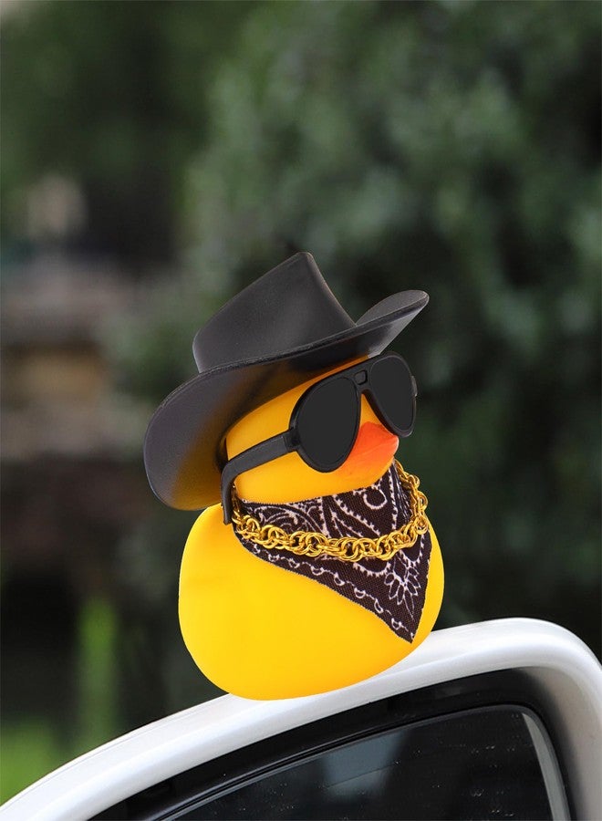wonuu Car Dashboard West Cowboy Hat Rubber Ducks Decorations, Rubber Ducky for Car Ornament Cute Duck with Hat, Glasses, Necklace, Scarf (Black) - Image 2