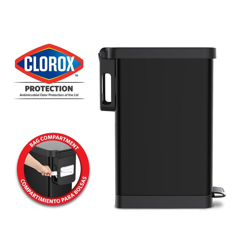 Glad Slim Trash Can with Clorox Odor Protection - Narrow Kitchen Garbage Bin with Soft Close Lid, Step On Foot Pedal and Waste Bag Roll Holder, Black, 12 Gallon/45 Liter - Image 2