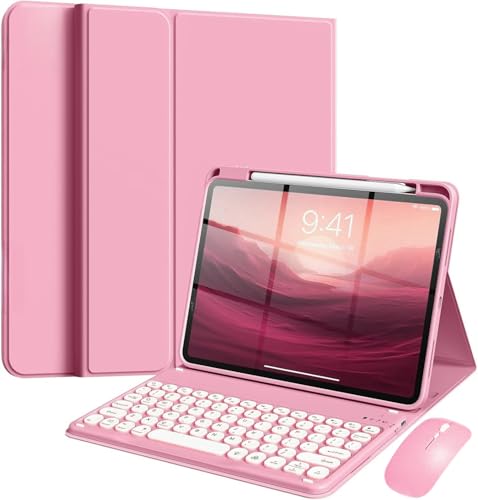 NUWONAYA Keyboard Case with Mouse for iPad 11-inch (A16 2025)/iPad 10th Generation, Slim Candy Round Key Keyboard Case with Detachable Bluetooth Keyboard and Pencil Holder，Pink - Image 1