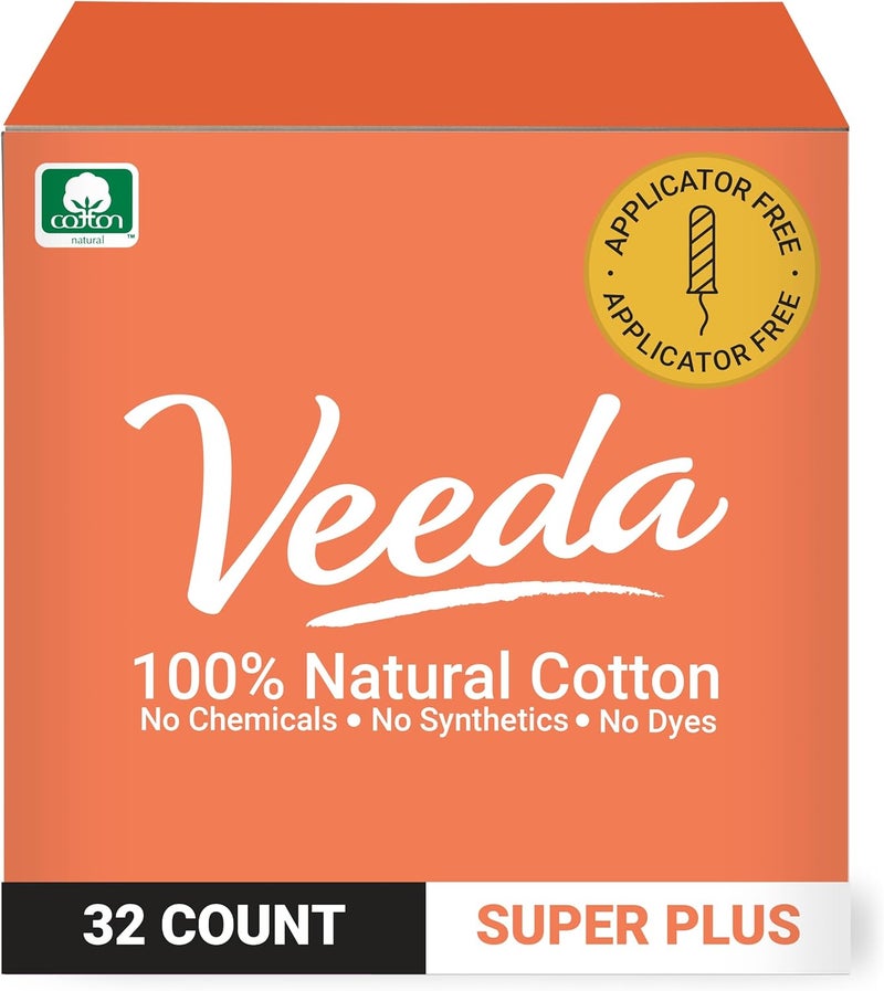 Veeda 100% Natural Cotton Compact Tampons Super Plus Absorbency - Non-Applicator Tampons with leak proof protection - Unscented, Chlorine & Toxin Free - 32 Count - Image 1
