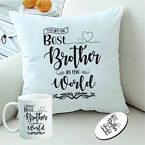 PICRAZEE "Best Brother in The World Birthday Gift for Brother on Birthday | Raksha Bandhan (1 pc12”x12” Satin Cushion with Filler, Coffee Mug&Fridge Magnet) (Best Brother in The World) - Image 1
