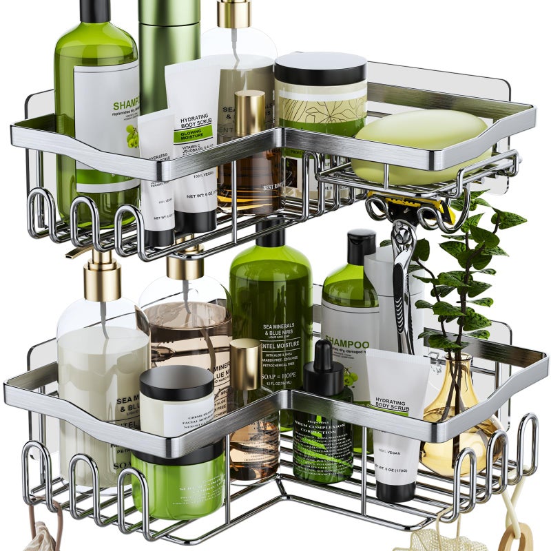 HapiRm Corner Shower Caddy with Shampoo Holder, Shower Organizer with 11 Hooks, No Drilling Rustproof Stainless Steel Bathroom Shelves - Silver (Only for 90 Â° Right Angle) - Image 1