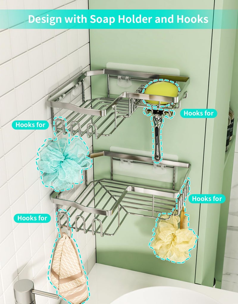 HapiRm Corner Shower Caddy with Shampoo Holder, Shower Organizer with 11 Hooks, No Drilling Rustproof Stainless Steel Bathroom Shelves - Silver (Only for 90 Â° Right Angle) - Image 4