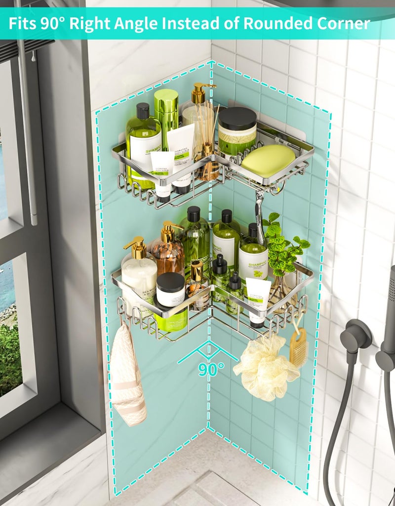 HapiRm Corner Shower Caddy with Shampoo Holder, Shower Organizer with 11 Hooks, No Drilling Rustproof Stainless Steel Bathroom Shelves - Silver (Only for 90 Â° Right Angle) - Image 3