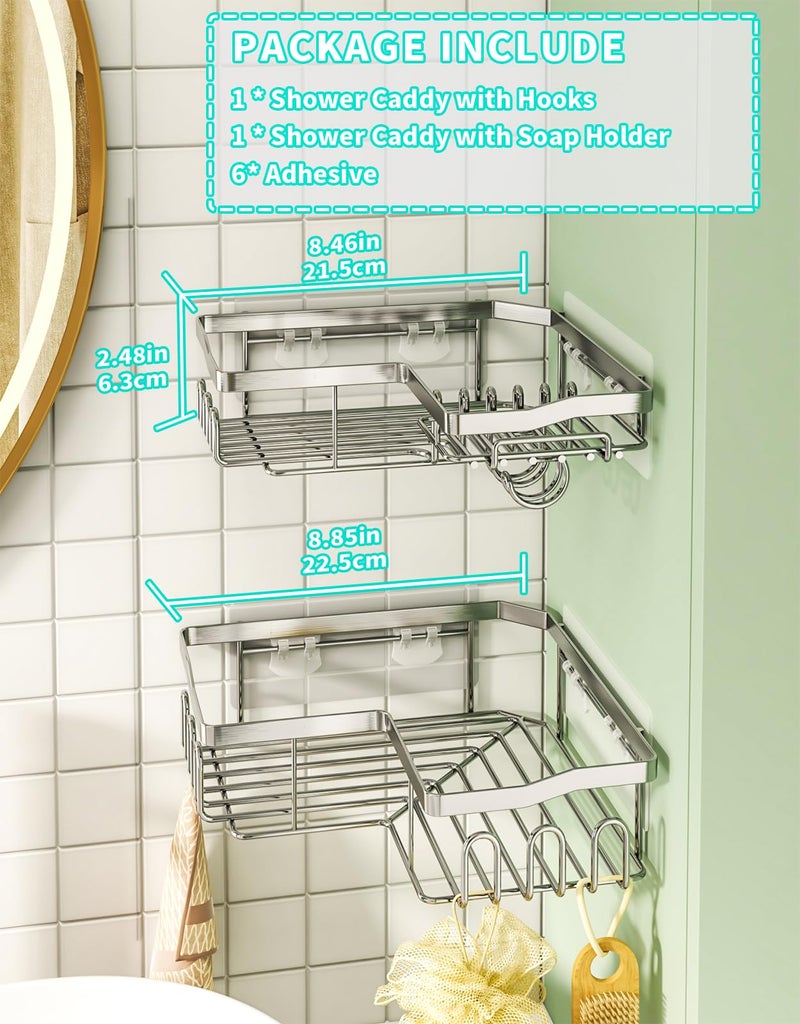 HapiRm Corner Shower Caddy with Shampoo Holder, Shower Organizer with 11 Hooks, No Drilling Rustproof Stainless Steel Bathroom Shelves - Silver (Only for 90 Â° Right Angle) - Image 5