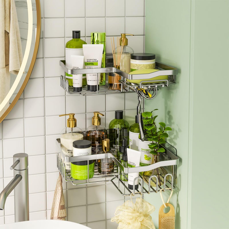 HapiRm Corner Shower Caddy with Shampoo Holder, Shower Organizer with 11 Hooks, No Drilling Rustproof Stainless Steel Bathroom Shelves - Silver (Only for 90 Â° Right Angle) - Image 2