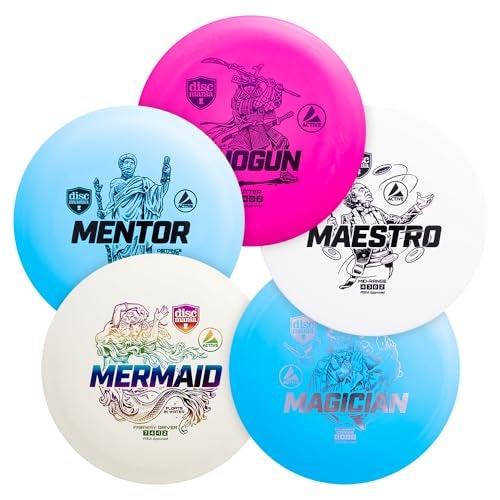 Discmania Disc Golf Set 5 Pack Active Line Disc Golf Starter Set Shogun Maestro Magician Mermaid Mentor Base Plastic Easy to Throw Ideal Gift for New Players Colors May Vary - Image 1