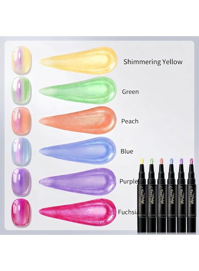 6 Colors Water-Based Nail Polish Pen Set, Pearlescent Shimmer Quick Air Dry Peelable Nail Pens, No UV Lamp Required Metallic Glitter Nail Colors for Beginner DIY Manicure - Image 2