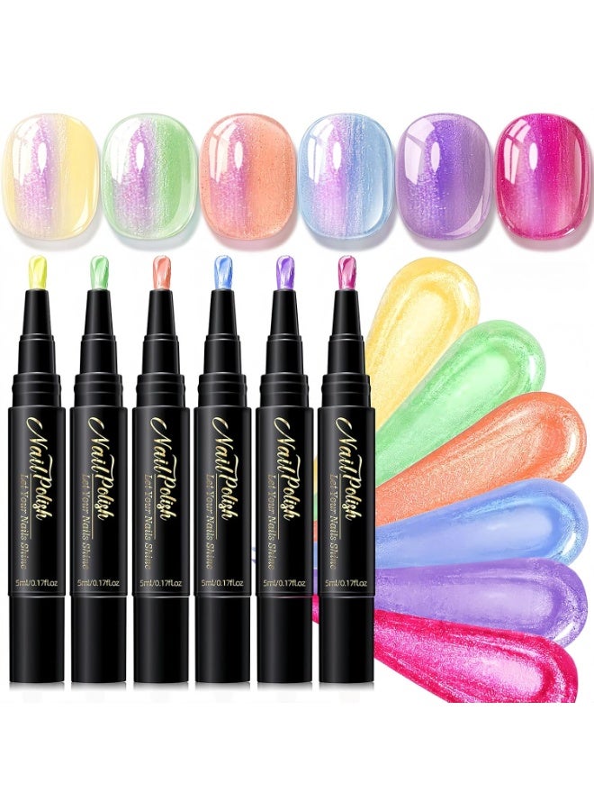 6 Colors Water-Based Nail Polish Pen Set, Pearlescent Shimmer Quick Air Dry Peelable Nail Pens, No UV Lamp Required Metallic Glitter Nail Colors for Beginner DIY Manicure - Image 1
