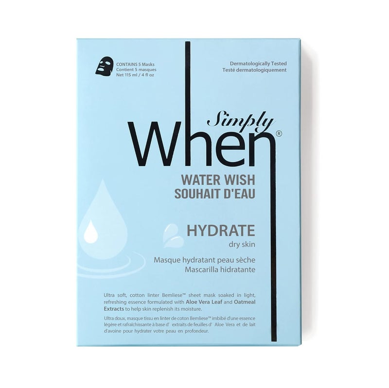 When Simply When Hydrating Water Wish UltraSoft Cotton Linter Facial Sheet Mask 5 Pack