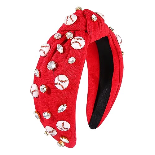 boderier Baseball Headband Hair Accessories Crystal Baseball Embellished Wide Knotted Headband for Women Game Day Accessories Gifts Red - Image 1