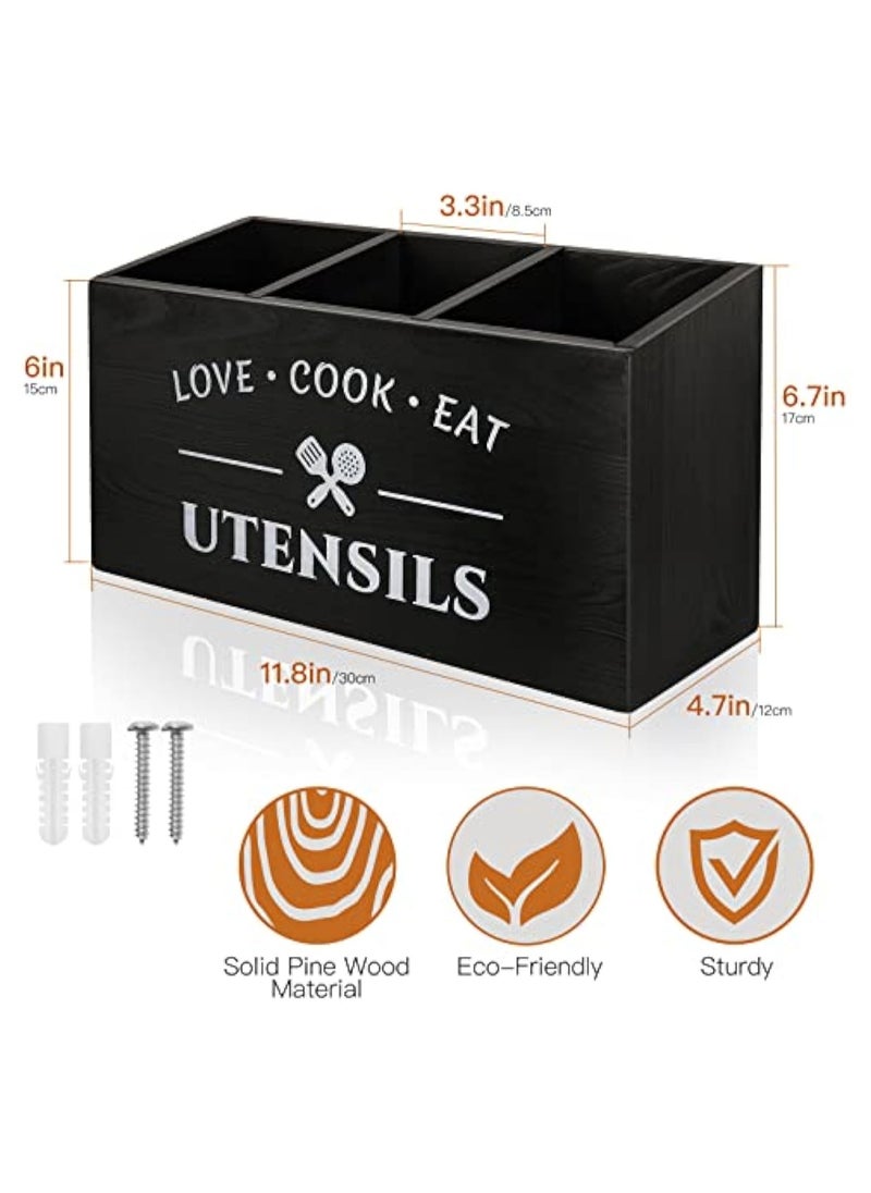 Arabest Wood Kitchen Utensil Caddy with 3 Compartments, Rustic Farmhouse Style, Ideal for Storage and Organization, Black  - Image 2