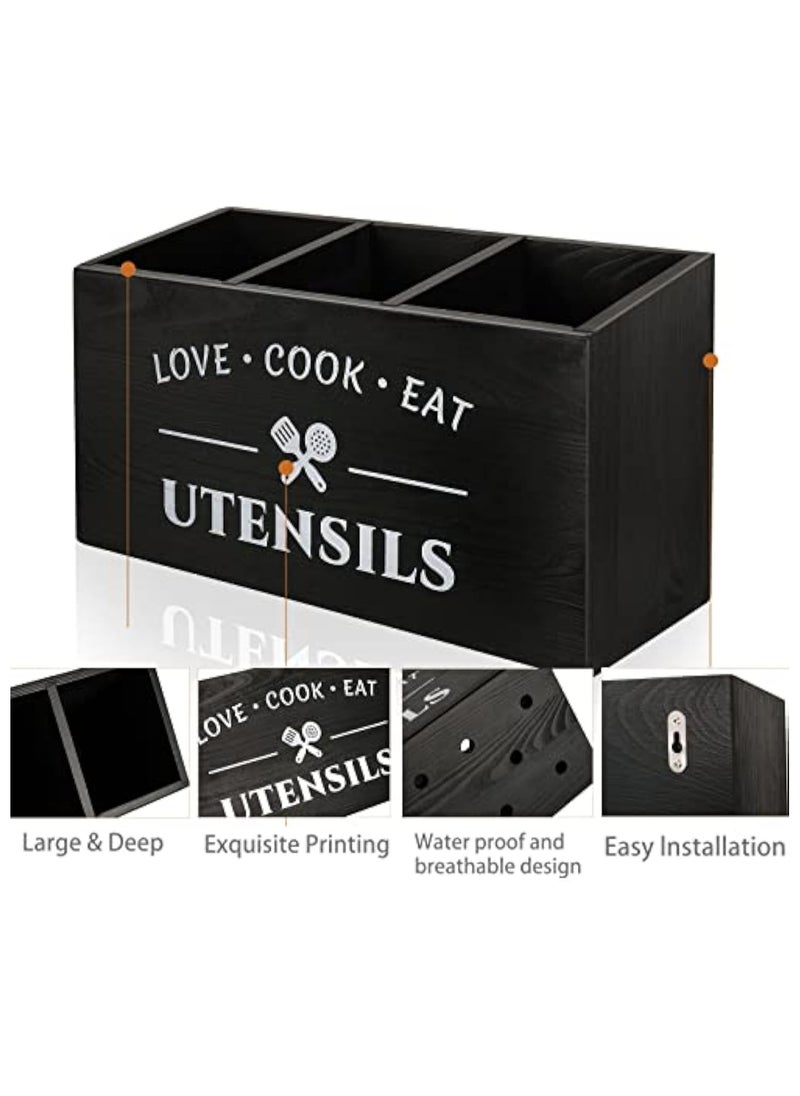 Arabest Wood Kitchen Utensil Caddy with 3 Compartments, Rustic Farmhouse Style, Ideal for Storage and Organization, Black  - Image 3