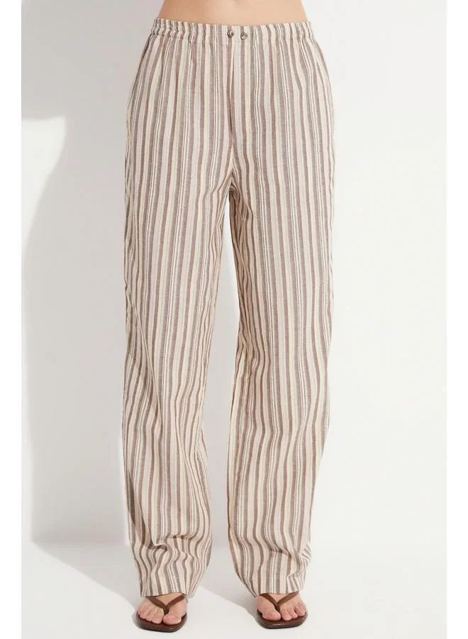 JUNE June Women 100% Cotton Elastic Waist Striped Trouser Brown