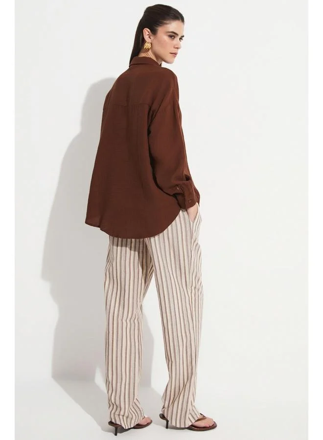 JUNE June Women 100% Cotton Elastic Waist Striped Trouser Brown