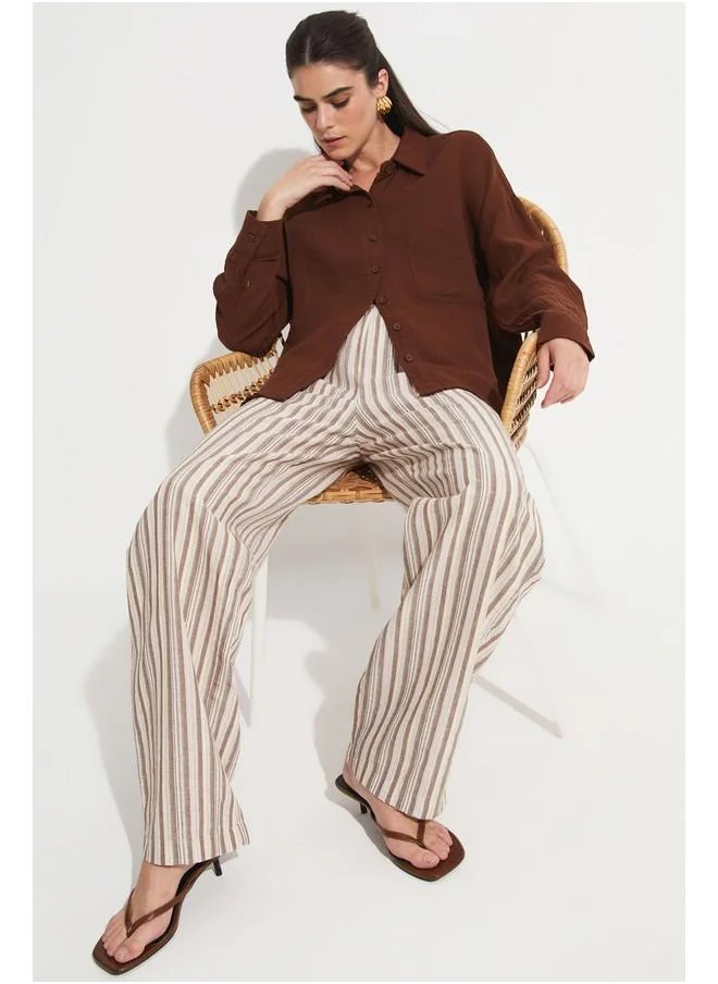 جون June Women 100% Cotton Elastic Waist Striped Trouser Brown