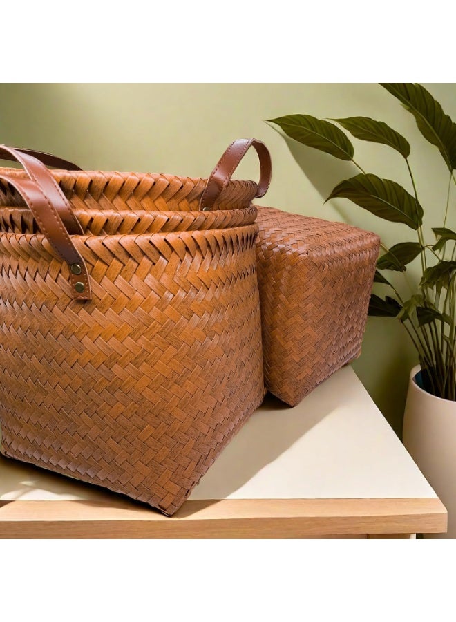 سلة تخزين الخوص ChenDa Shelf ، منظم مكعب تخزين منسوج دائري مقاس 11 بوصة × 12 بوصة ، سلة بطانية من الخوص الروطان الصناعي لتنظيم خزانة غسيل لعبة الملابس ، بني - Image 3