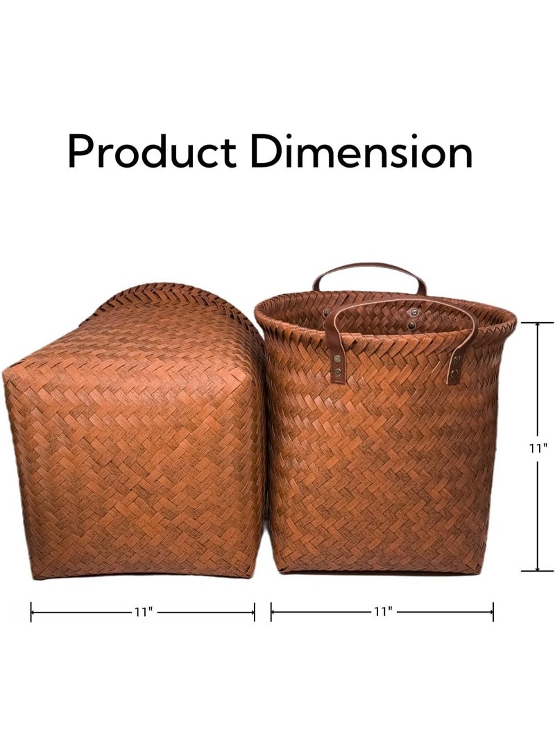 سلة تخزين الخوص ChenDa Shelf ، منظم مكعب تخزين منسوج دائري مقاس 11 بوصة × 12 بوصة ، سلة بطانية من الخوص الروطان الصناعي لتنظيم خزانة غسيل لعبة الملابس ، بني - Image 5