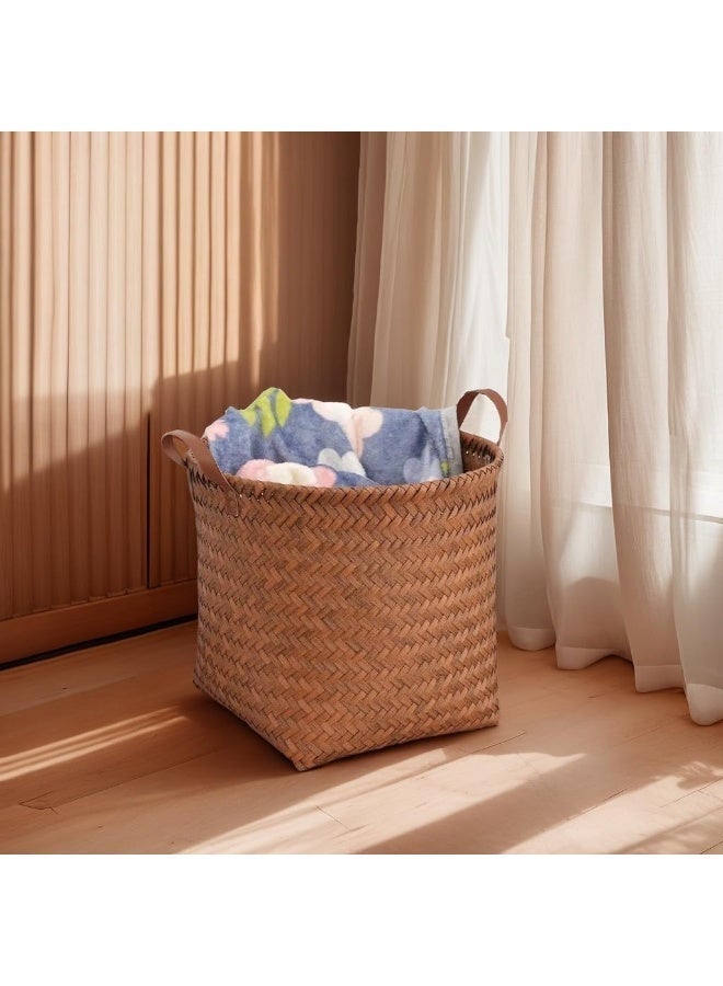 سلة تخزين الخوص ChenDa Shelf ، منظم مكعب تخزين منسوج دائري مقاس 11 بوصة × 12 بوصة ، سلة بطانية من الخوص الروطان الصناعي لتنظيم خزانة غسيل لعبة الملابس ، بني - Image 2
