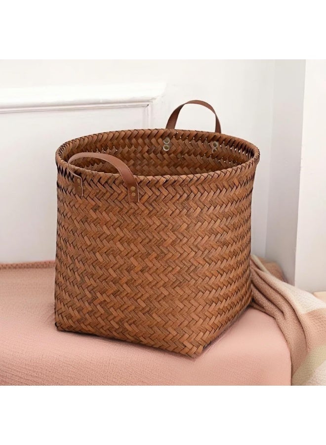 سلة تخزين الخوص ChenDa Shelf ، منظم مكعب تخزين منسوج دائري مقاس 11 بوصة × 12 بوصة ، سلة بطانية من الخوص الروطان الصناعي لتنظيم خزانة غسيل لعبة الملابس ، بني - Image 1