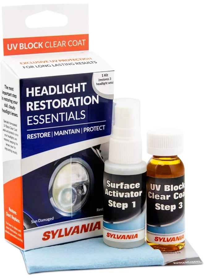 Sylvania مجموعة أدوات استعادة المصابيح الأمامية من SYLVANIA مع طلاء شفاف يحجب الأشعة فوق البنفسجية - الخطوة الأكثر أهمية لاستعادة المصابيح الأمامية المتضررة من الشمس - منشط السطح - حماية من الأشعة فوق البنفسجية لمصابيح أمامية أكثر وضوحًا 1 أونصة سائلة - Image 1