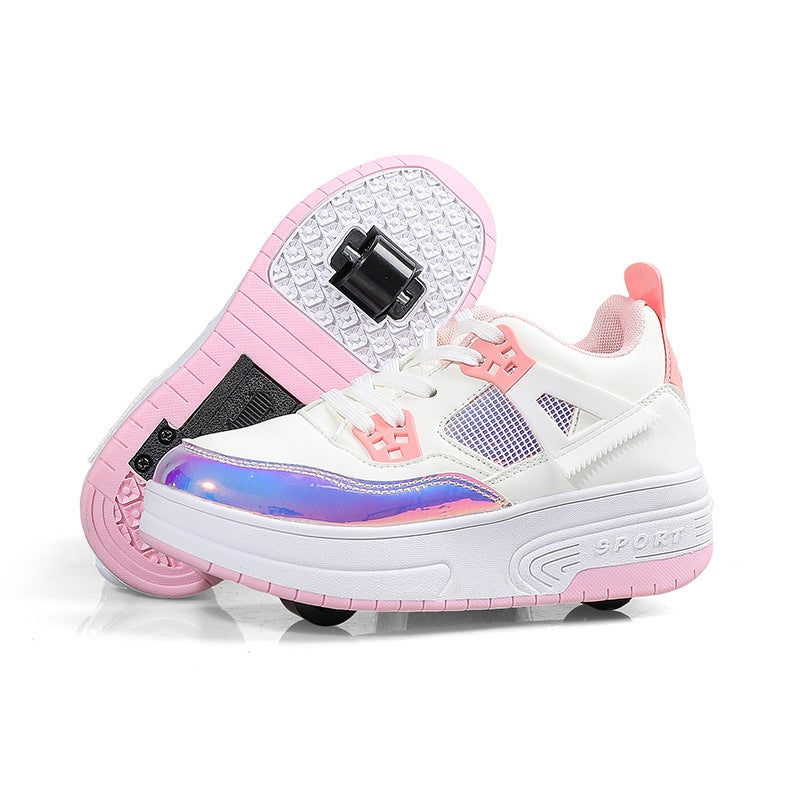 Generic Walking shoes double-wheel invisible Girls student roller skating shoes automatic walking boys deformation shoes childrens roller skating shoes Pink