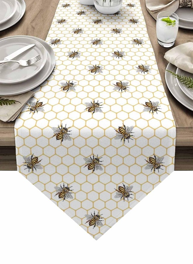 BABE MAPS Bee Table Runner 13x108inch Durable Dining Room Table Runners fit Rectange and Round Table Decorations for Kitchen/Hotel, Bee Pattern on Yellow Beehive Background - Image 1