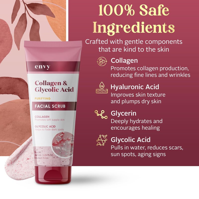 Envy Collagen & Glycolic Acid Face Scrub - Anti-Aging, Softening & Dark Spot Improving Exfoliating Scrub - Dermatologist Tested, Clean Beauty for All Skin Types - 6.76 Oz - Image 4