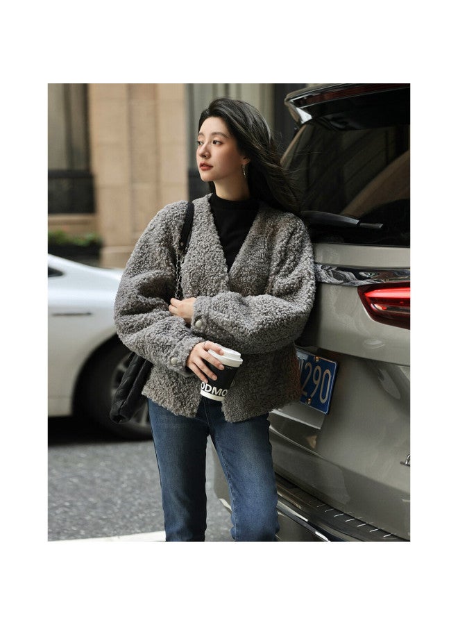 Mt Gray Versatile Spring V-neck Pocket Faux Shearling Jacket - Image 4