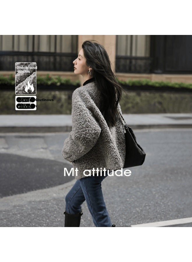 Mt Gray Versatile Spring V-neck Pocket Faux Shearling Jacket - Image 1