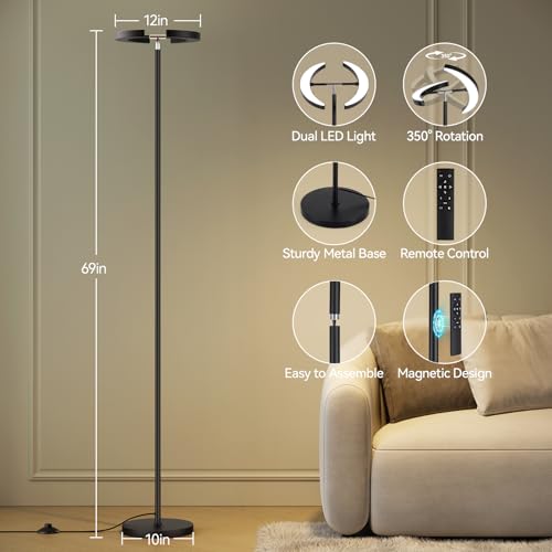 SUNMORY Floor Lamps for Living Room, 28W/1600LM Bright LED Floor Lamp with Remote & 2 Rotatable Lights, 74" Dimmable Tall Standing Lamp, Modern Reading Torchiere Corner Lamp for Bedroom Office, Black - Image 2