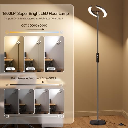 SUNMORY Floor Lamps for Living Room, 28W/1600LM Bright LED Floor Lamp with Remote & 2 Rotatable Lights, 74" Dimmable Tall Standing Lamp, Modern Reading Torchiere Corner Lamp for Bedroom Office, Black - Image 3
