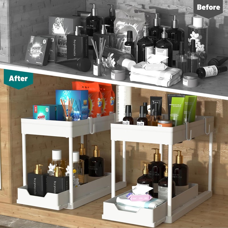 MEAFBIRD 2 Pack Under Sink Organizer, 2 Tier Bathroom Cabinet Organizer with Sliding Basket, Multi-Purpose Under Sink Organizers and Storage for Bathroom Kitchen - Image 2