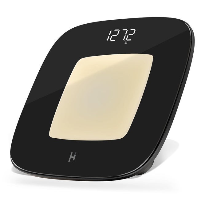 DIGITAL BATHROOM SCALE MOTIONSENSING AMBIENT CENTER ILLUMINATION SLEEK TEMPERED GLASS HIGHPRECISION WEIGHT MEASUREMENT UP TO 400 LBS SUSTAINABLE DESIGN BLACK