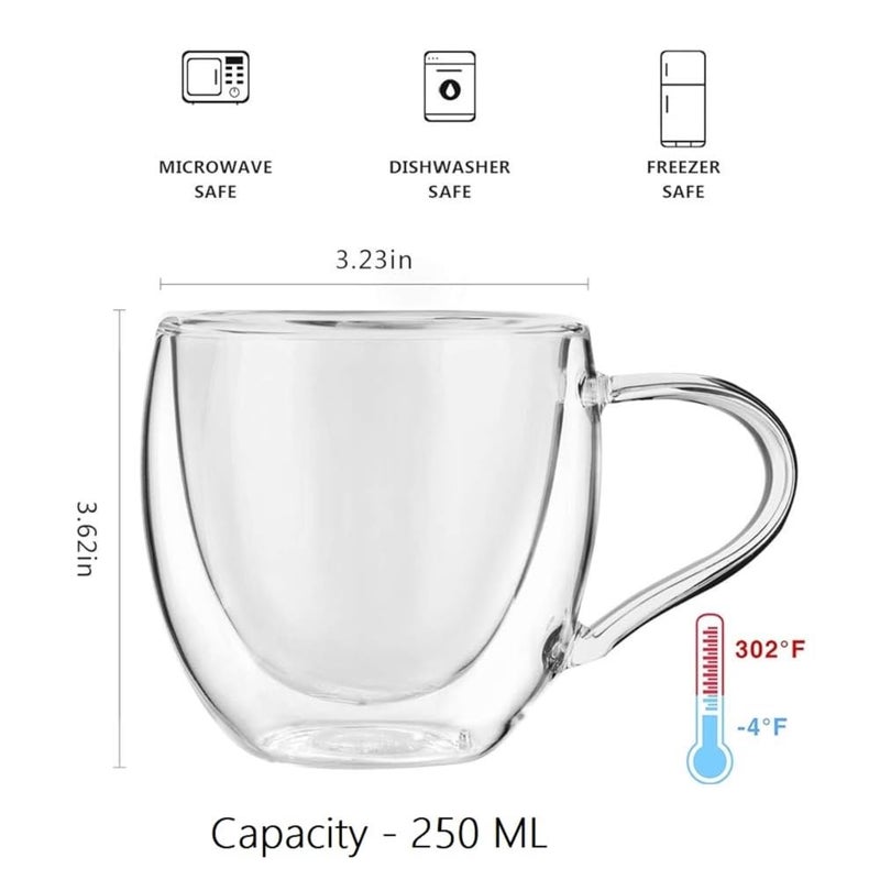 IndusBay 250 ML Borosilicate Glass Double Wall Coffee Mug Cup Insulated Mug for Hot Cold Mug Set 1 Piece Clear - Image 2