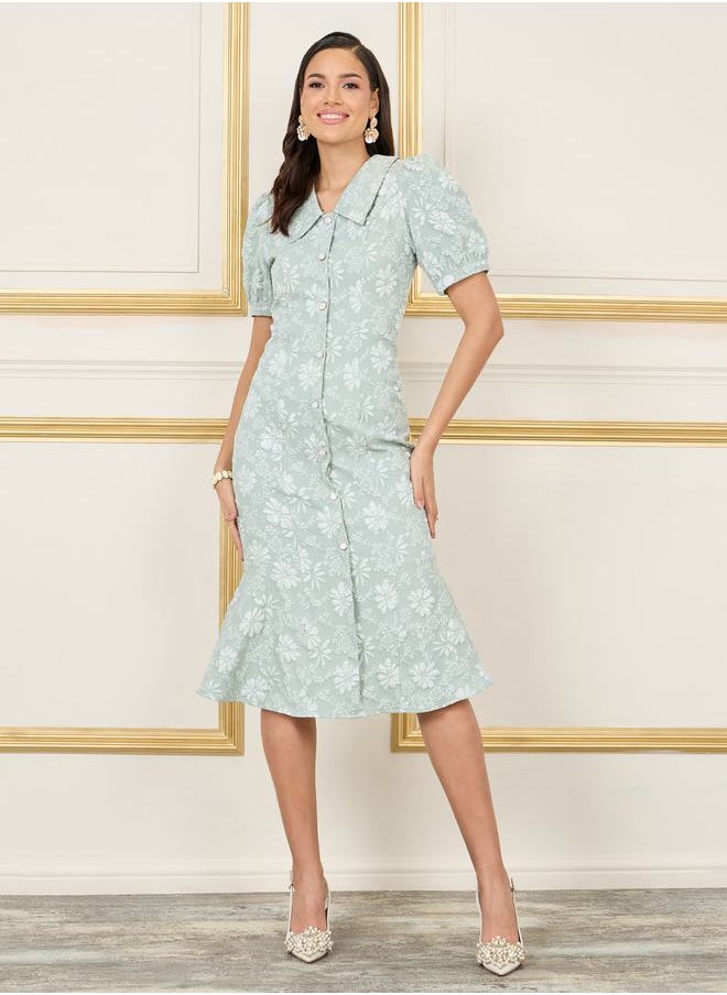 Styli Jacquard Collared Button Through Sheath Midi Dress  - Image 1