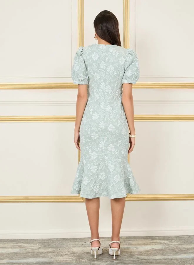 Styli Styli Jacquard Collared Button Through Sheath Midi Dress
