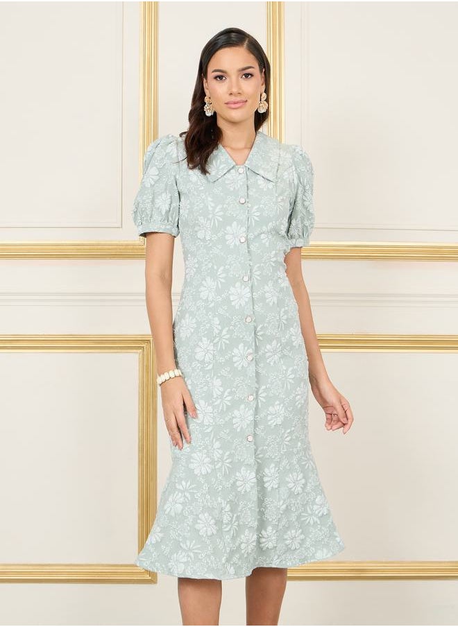 Styli Jacquard Collared Button Through Sheath Midi Dress  - Image 2