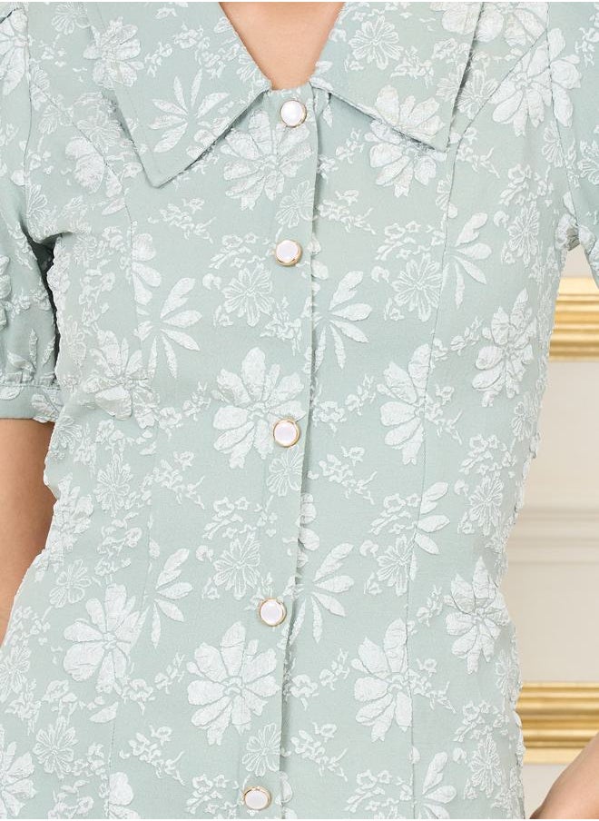 Styli Jacquard Collared Button Through Sheath Midi Dress  - Image 3