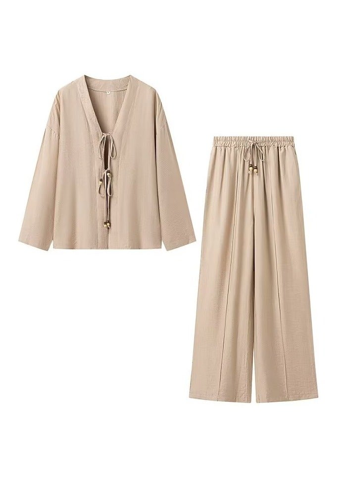 Shougu Fashionable And Casual V-neck Long Sleeved Lace Up Shirt High Waisted Long Pants Set  - Image 1