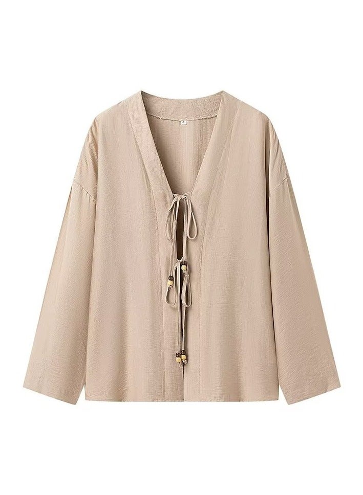 Shougu Fashionable And Casual V-neck Long Sleeved Lace Up Shirt High Waisted Long Pants Set  - Image 3