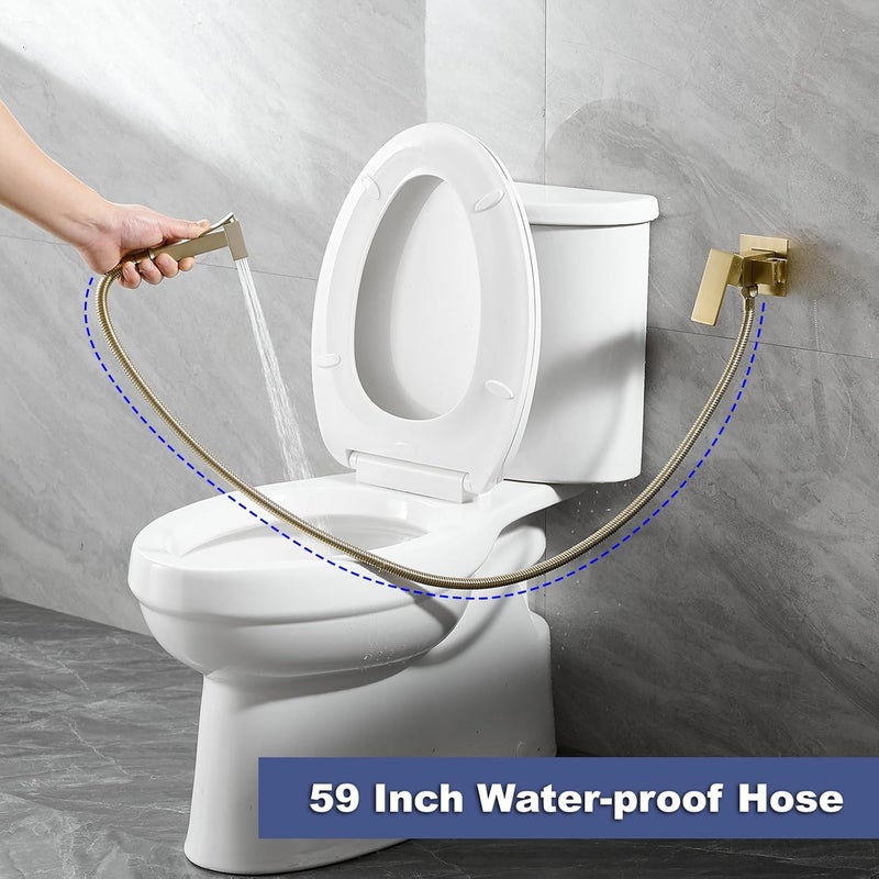 BATHFINESSE Wall Mounted Bidet Sprayer Set, Warm Water Bidet Sprayer Faucet for Toilet with Hot and Cold Brass Valve, Stainless Steel Square Handheld Bidet Attachment Set, Brushed Gold - Image 4