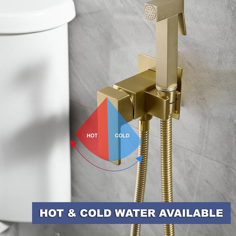 BATHFINESSE Wall Mounted Bidet Sprayer Set, Warm Water Bidet Sprayer Faucet for Toilet with Hot and Cold Brass Valve, Stainless Steel Square Handheld Bidet Attachment Set, Brushed Gold - Image 3