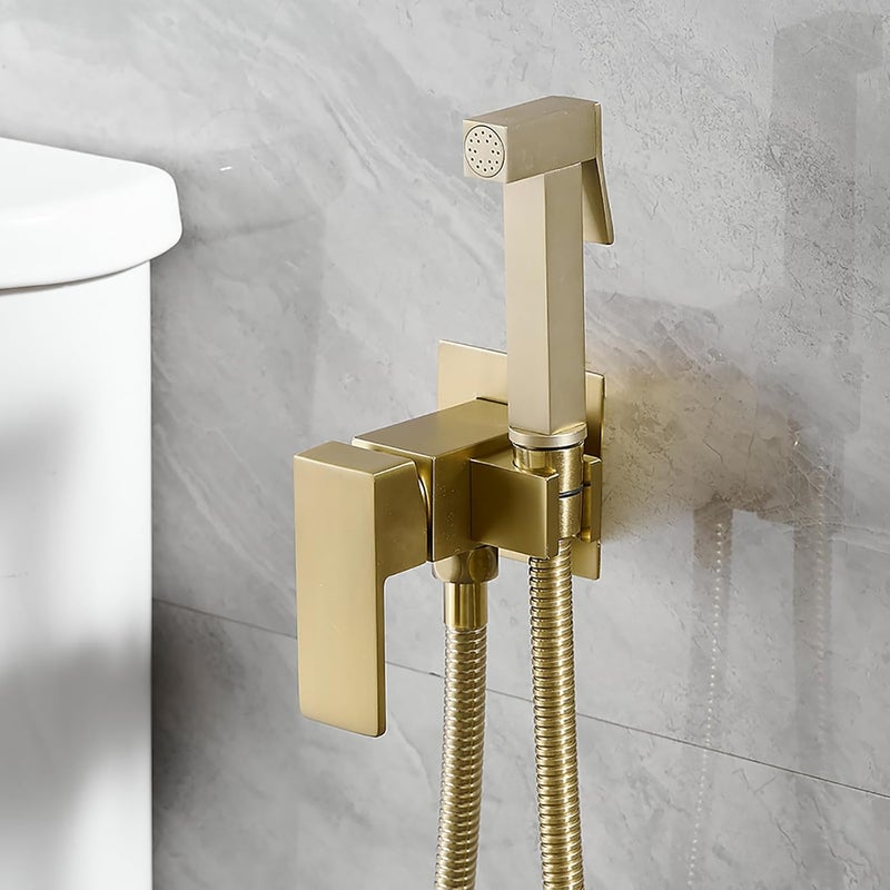 BATHFINESSE Wall Mounted Bidet Sprayer Set, Warm Water Bidet Sprayer Faucet for Toilet with Hot and Cold Brass Valve, Stainless Steel Square Handheld Bidet Attachment Set, Brushed Gold - Image 1