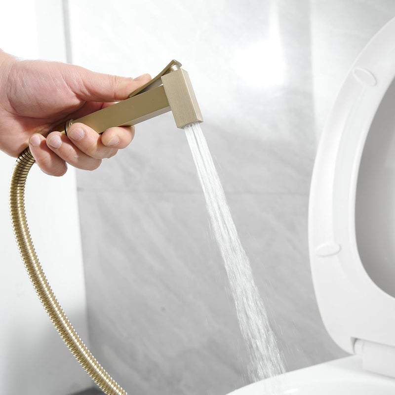 BATHFINESSE Wall Mounted Bidet Sprayer Set, Warm Water Bidet Sprayer Faucet for Toilet with Hot and Cold Brass Valve, Stainless Steel Square Handheld Bidet Attachment Set, Brushed Gold - Image 5