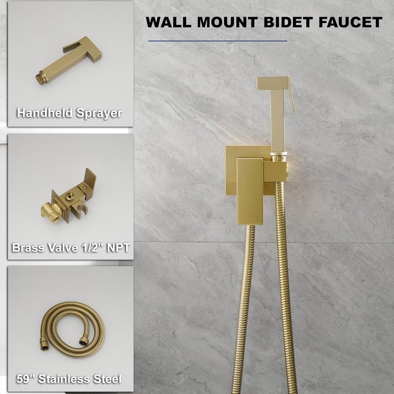 BATHFINESSE Wall Mounted Bidet Sprayer Set, Warm Water Bidet Sprayer Faucet for Toilet with Hot and Cold Brass Valve, Stainless Steel Square Handheld Bidet Attachment Set, Brushed Gold - Image 2