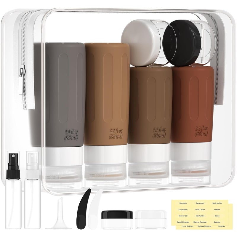 Morfone 16 Pack Silicone Travel Bottles Set for Toiletries TSA Approved Travel Containers Leakproof Squeezable Refillable Travel Accessories 2oz 3oz for Shampoo Conditioner Lotion Liquids (Brown) - Image 1